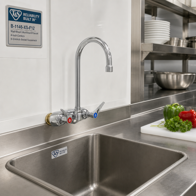 Product image #2 for T&S Brass B-1146-XS-F12 Wall-Mount Workboard Faucet, 4-Inch Centers, 5-3/4-Inch Swivel Gooseneck