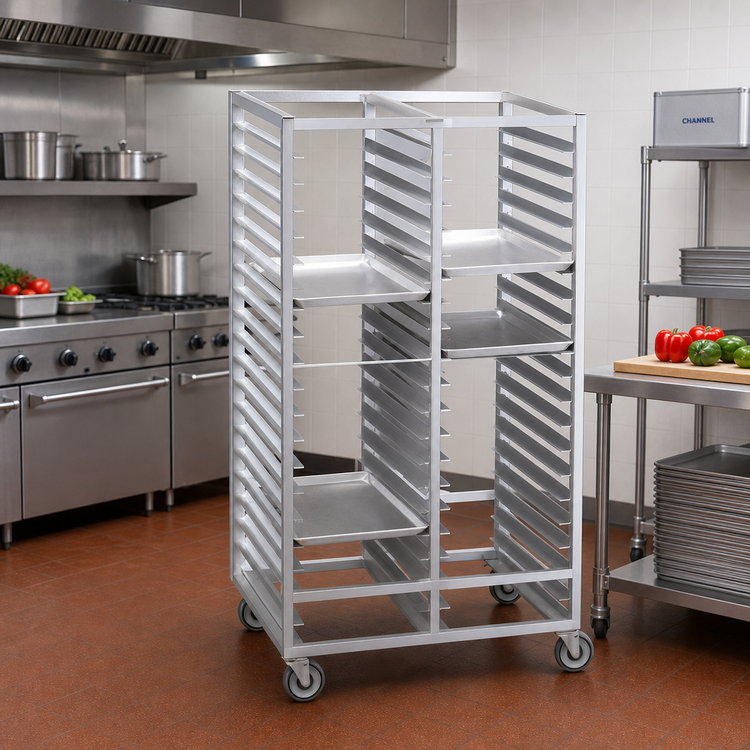 Product image #2 for Channel Manufacturing Double-Section Aluminum Cafeteria Tray Rack, 64-Inch High, Side-Load, 4-Inch Spacing, 56-Tray Capacity for 14 x 18-Inch Trays