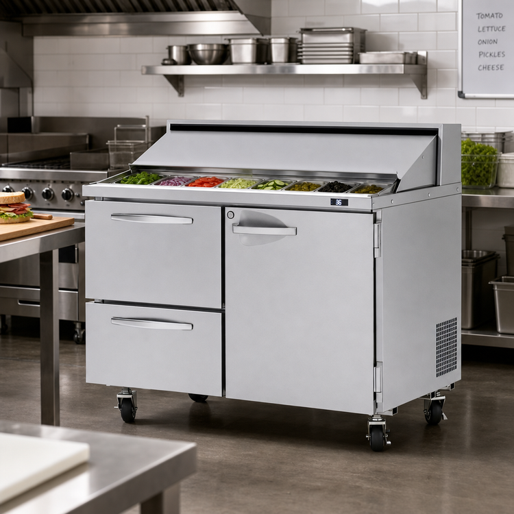Product image #3 for Turbo Air PRO Series 48-Inch Two-Section Sandwich/Salad Prep Table with 12-Pan Top, 1 Door, and 2 Drawers