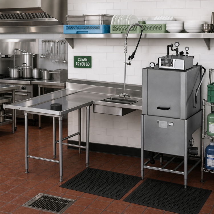 Product image #2 for Eagle Group Soiled Island Dish Table with Landing Shelf and Pre-Rinse Sink, Left-to-Right