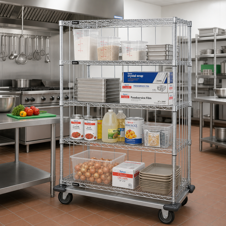 Product image #2 for Quantum Mobile Enclosure Wire Shelving Cart with 4 Shelves, 60W x 18D x 81H, Chrome Plated Finish
