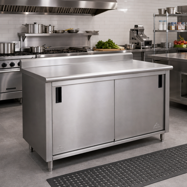 Product image #2 for Advance Tabco 108 Inch W x 36 Inch D Enclosed Work Table with Cabinet Base, Mid-Shelf, Sliding Doors, and 1-1/2 Inch Rear Up-Turn