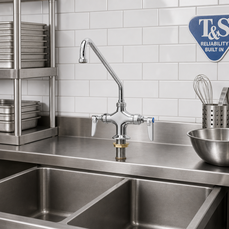 Product image #2 for T&S Brass Low-Lead Double Pantry Single-Hole Deck-Mount Mixing Faucet with 12-Inch Swing Nozzle