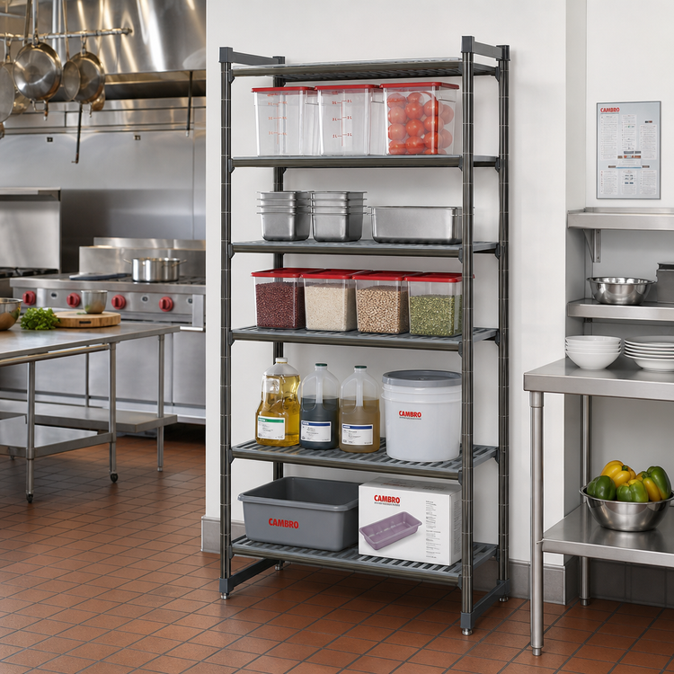 Product image #2 for Cambro Camshelving Basics Plus 5-Tier Stationary Polymer Shelving Starter Unit, 18" x 42" x 72", Brushed Graphite