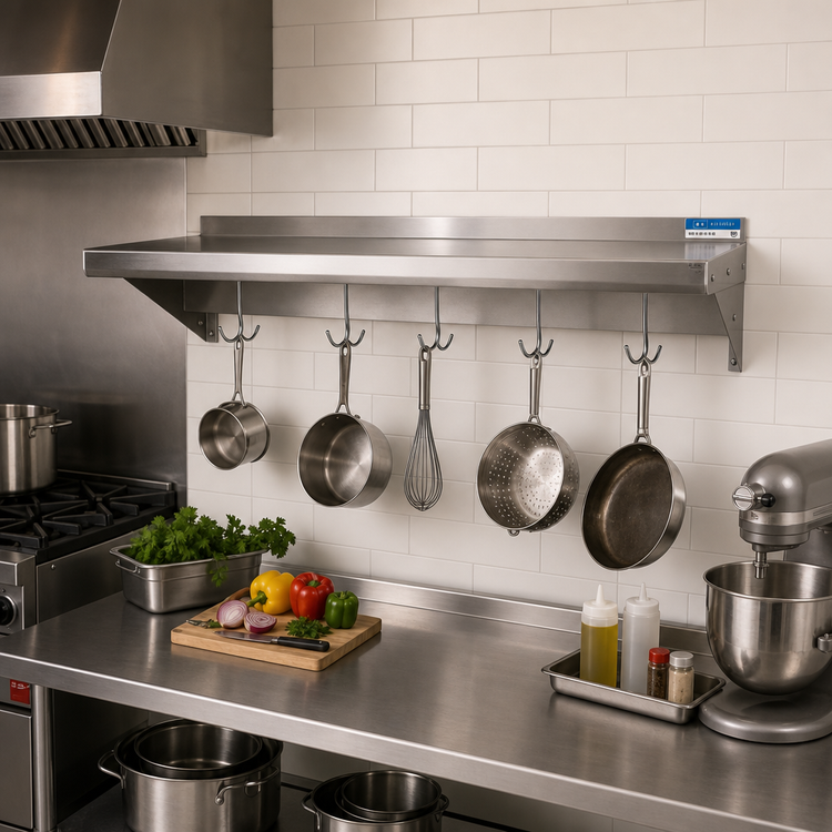 Product image #2 for BK Resources Premium Wall-Mount Stainless Steel Pot Rack Shelf, 72 Inch W x 16 Inch D, with 6 Hooks