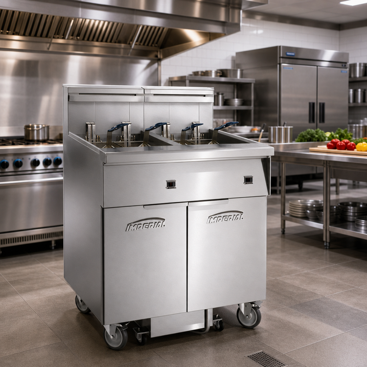Product image #2 for Imperial Electric 6-Tank 75 lb. Floor Fryer with Built-In Space Saver Filter System and Immersed Elements