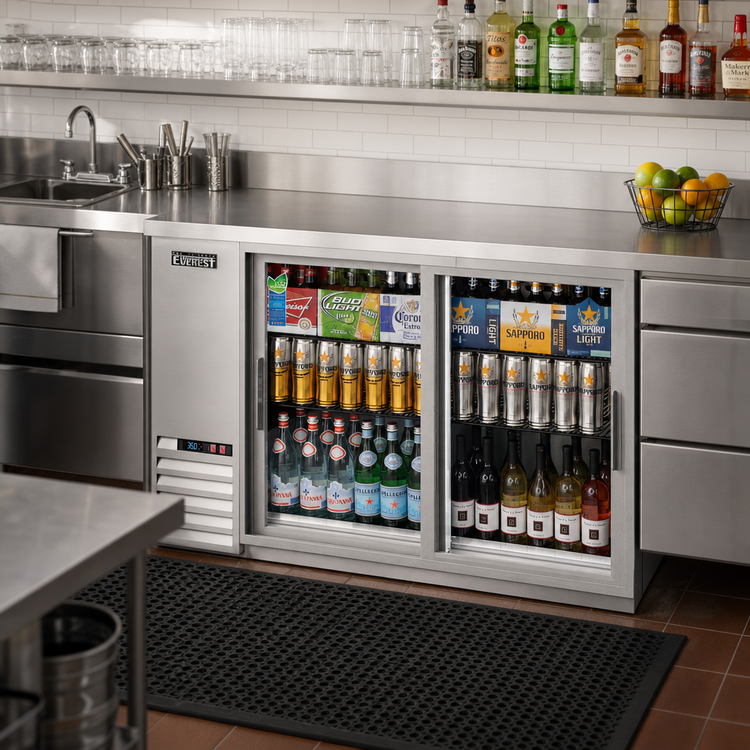 Product image #2 for Everest Refrigeration Two-Section Back Bar Refrigerator with Glass Sliding Doors, 49 Inch, 13 Cu. Ft., Stainless Steel