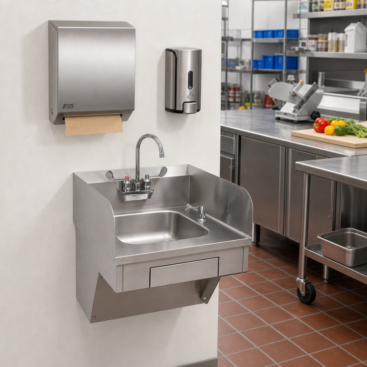 Product image #2 for John Boos Pro-Bowl ADA Wall-Mount Hand Sink with Side Splashes, Gooseneck Faucet, and Soap/Paper Towel Dispenser