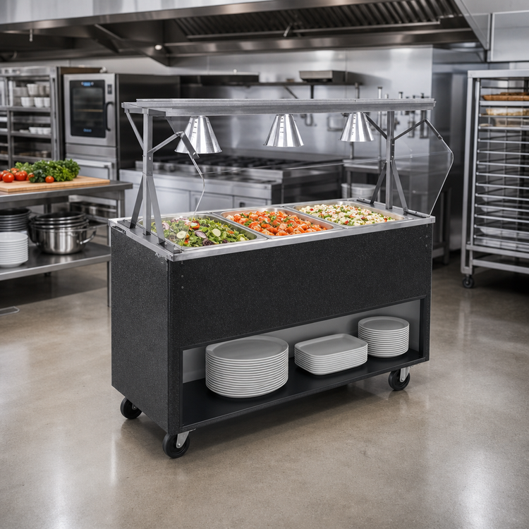 Product image #2 for Vollrath 2-Series Affordable Portable 3-Pan Non-Refrigerated Cold Food Station with Lights, Buffet-Style Acrylic Breath Guard, Open Storage Base, Granite Finish, 46-Inch