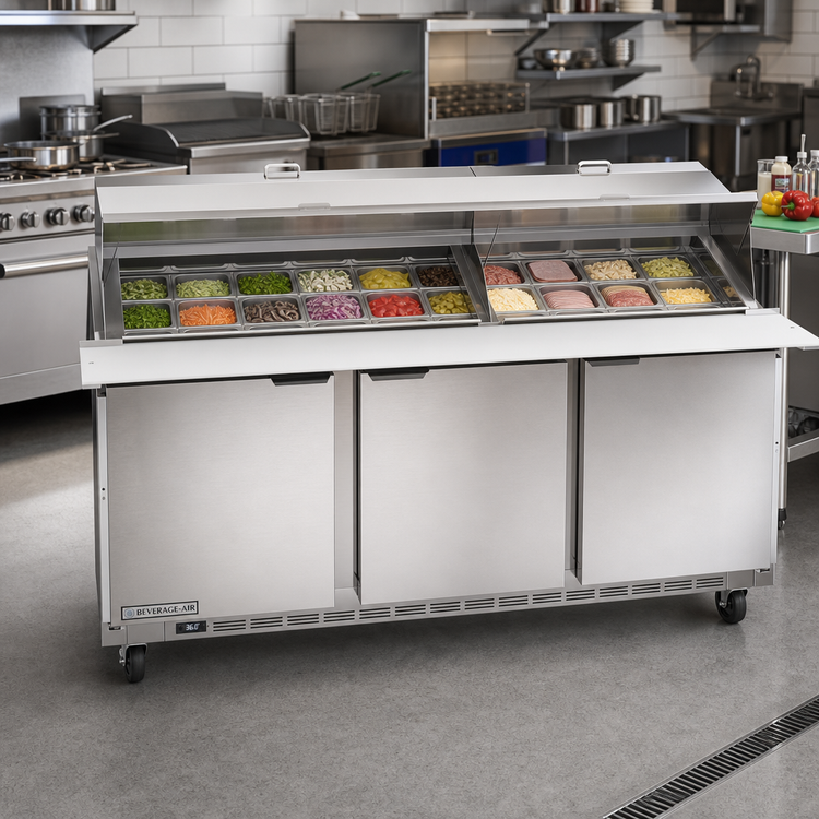 Product image #2 for Beverage-Air Dual-Side Mega Top Refrigerated Prep Table, Three-Section, 72-Inch, 30-Pan, 3 Doors