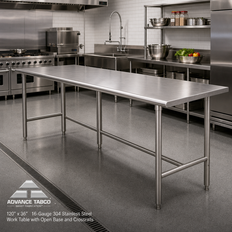 Product image #2 for Advance Tabco 120" x 36" 16-Gauge 304 Stainless Steel Work Table with Open Base and Crossrails
