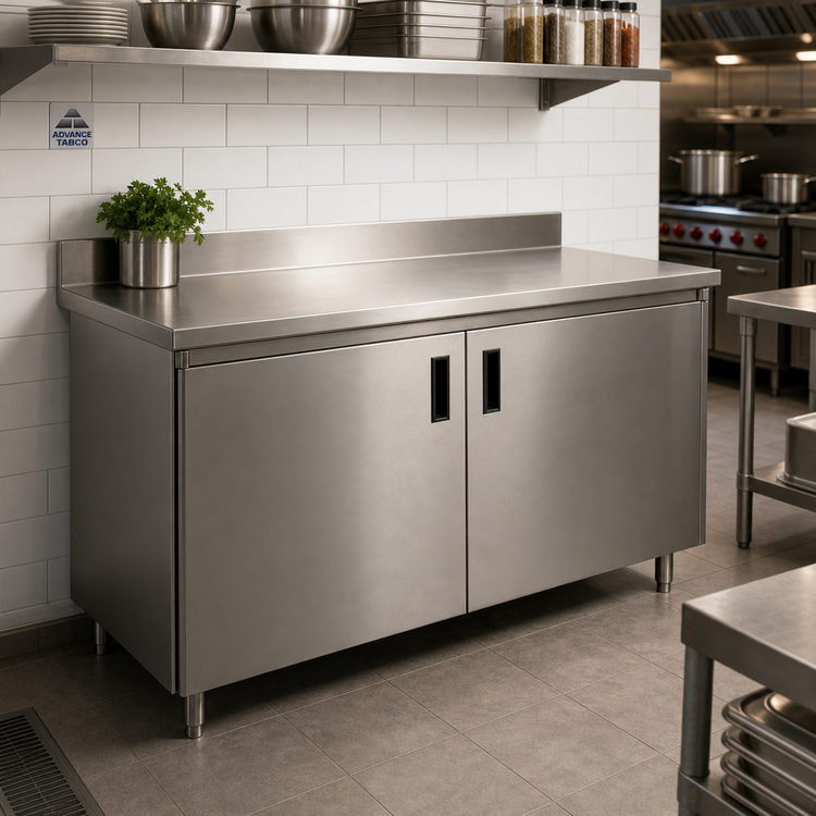 Product image #2 for Advance Tabco Special Value Economy Enclosed Work Table with Sliding Doors, 120-Inch W x 24-Inch D, 16-Gauge 304 Stainless Steel Top, 5-Inch Backsplash