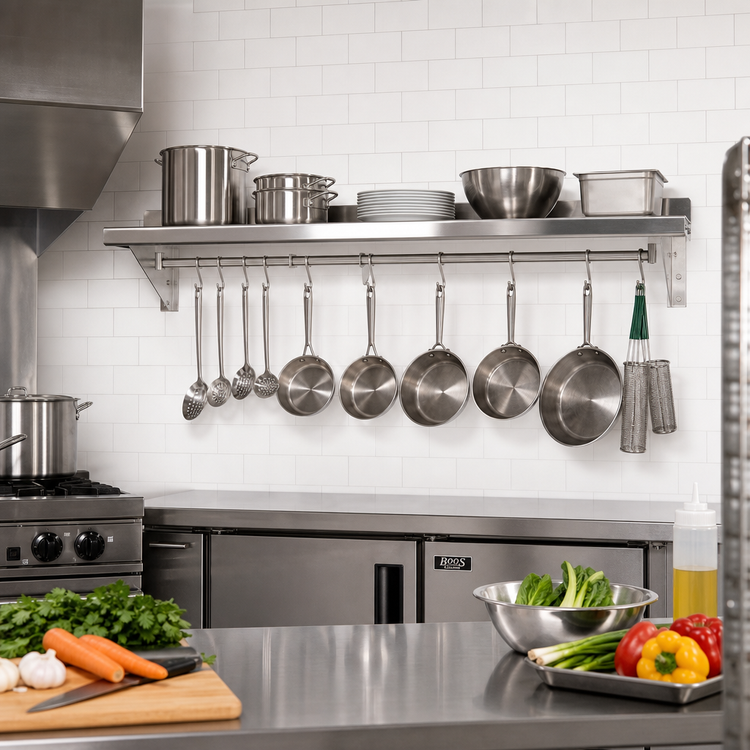 Product image #2 for John Boos Cucina Mensola Wall-Mount Stainless Steel Pot Rack Shelf with Utensil Bar and Hooks, 48 Inch W x 12 Inch D