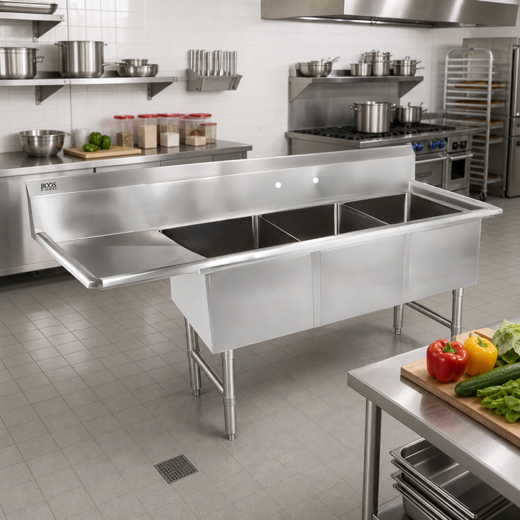 Product image #2 for John Boos B-Series 3-Compartment Sink with Left Drainboard, 76-3/16 Inch x 29-1/2 Inch, 16 Gauge Stainless Steel