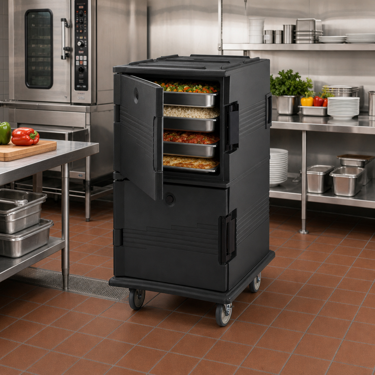 Product image #3 for Cambro Ultra Camcart® Double-Compartment Front-Loading Insulated Food Pan Cart, 120-Qt., Heavy-Duty Casters, Black