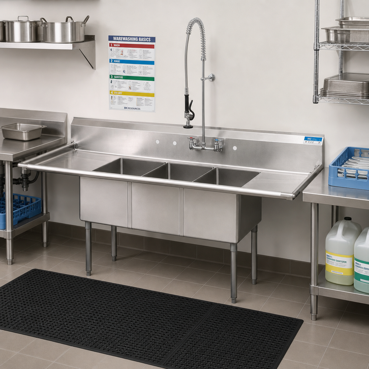 Product image #2 for BK Resources 84-Inch Economy 3-Compartment Stainless Steel Sink with Dual 18-Inch Drainboards