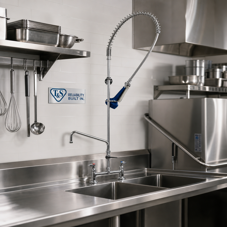 Product image #2 for T&S Brass EasyInstall Deck-Mount Pre-Rinse Unit with 12-Inch Swing Spout Add-On Faucet and 8-Inch Adjustable Centers