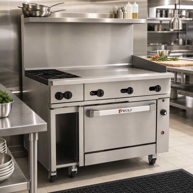 Product image #2 for Wolf Challenger XL 48-Inch Gas Restaurant Range with 2 Open Burners, 36-Inch Griddle and Convection Oven