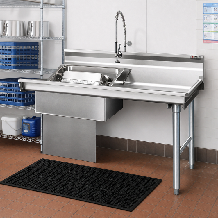 Product image #2 for Eagle Group Straight Right-to-Left Soiled Dishtable with 8-Inch Backsplash and Pre-Rinse Sink, 120 x 30 x 43-1/2 Inches
