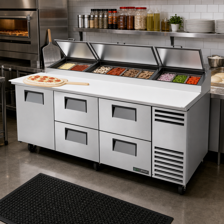 Product image #2 for True 93.5-Inch Self-Contained Refrigerated Pizza Prep Table with 1 Door and 4 Drawers