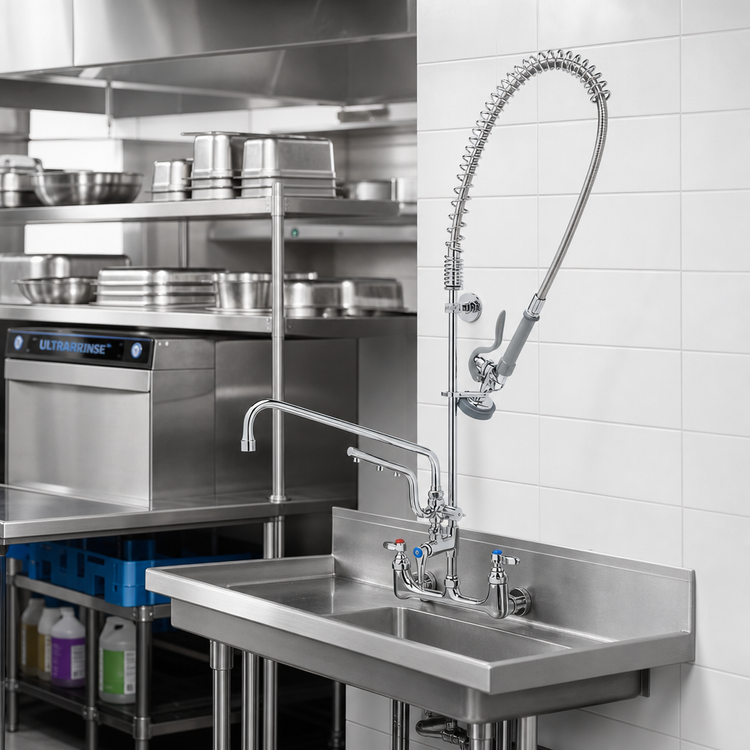 Product image #2 for UltraRinse 8-Inch Wall-Mount Pre-Rinse Mixing Faucet with 12-Inch Swing Nozzle