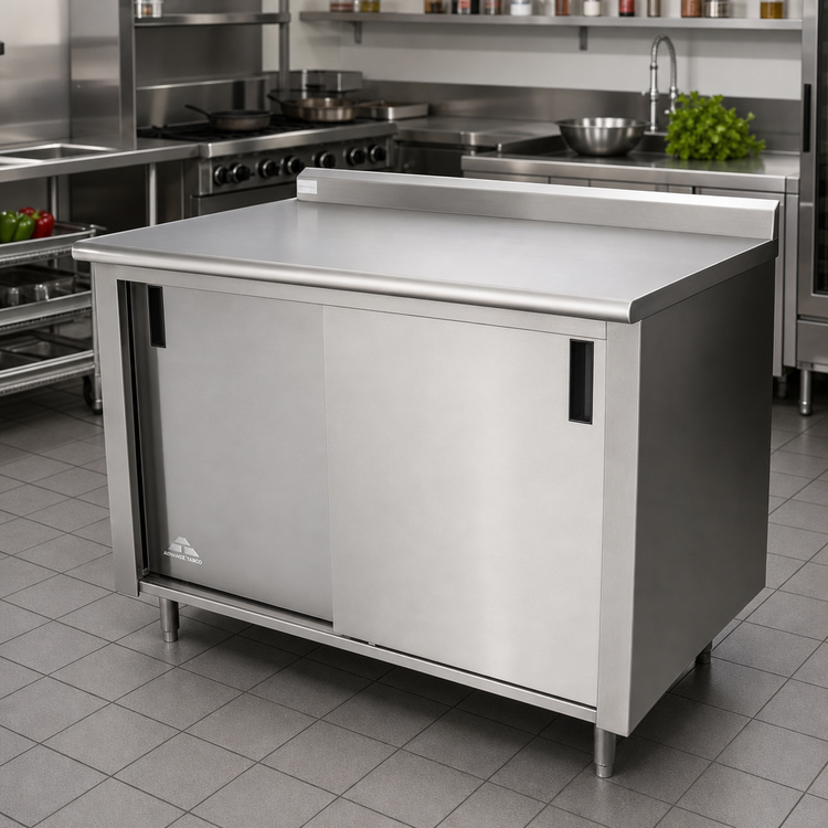 Product image #2 for Advance Tabco 72-Inch x 36-Inch Enclosed Work Table with Sliding Doors and 14 Gauge 304 Stainless Steel Top