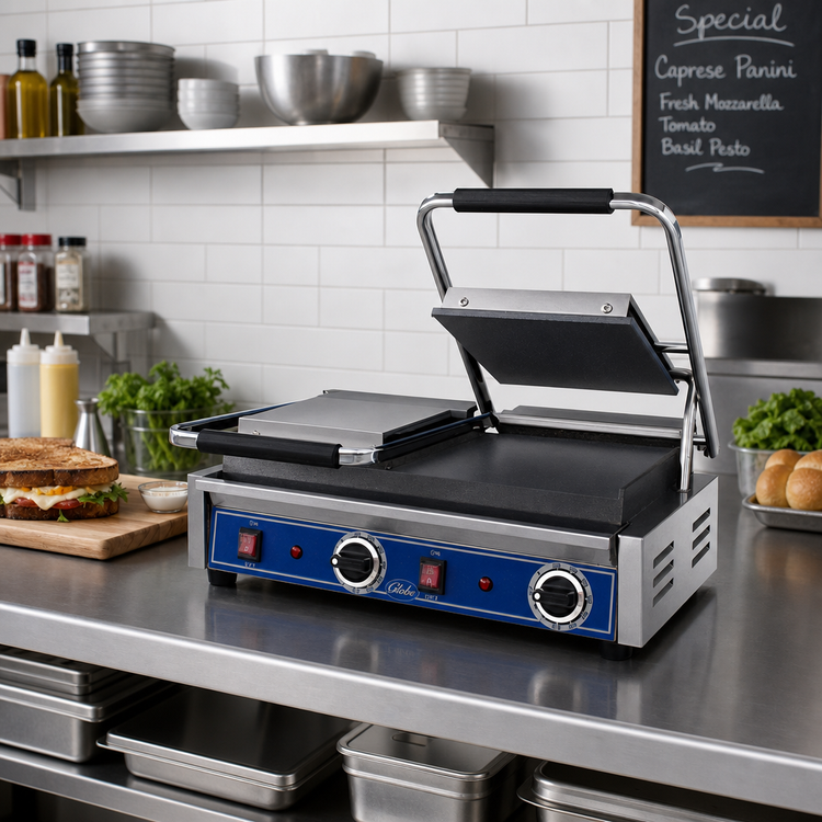Product image #2 for Globe Double Countertop Electric Bistro Panini Grill with 20-Inch Smooth Cast Iron Plates