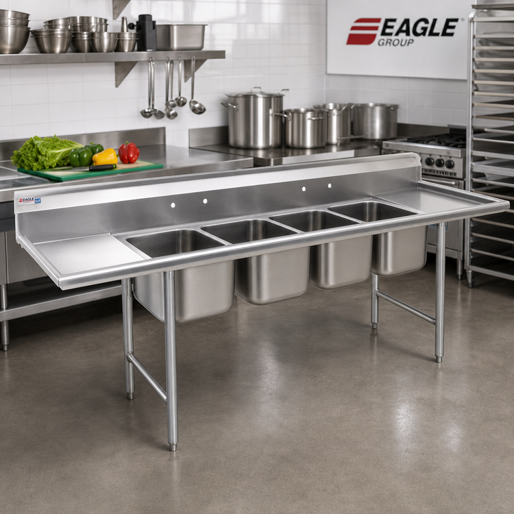 Product image #2 for Eagle Group 314 Series Four-Compartment 304 Stainless Steel Sink with Dual 18-Inch Drainboards