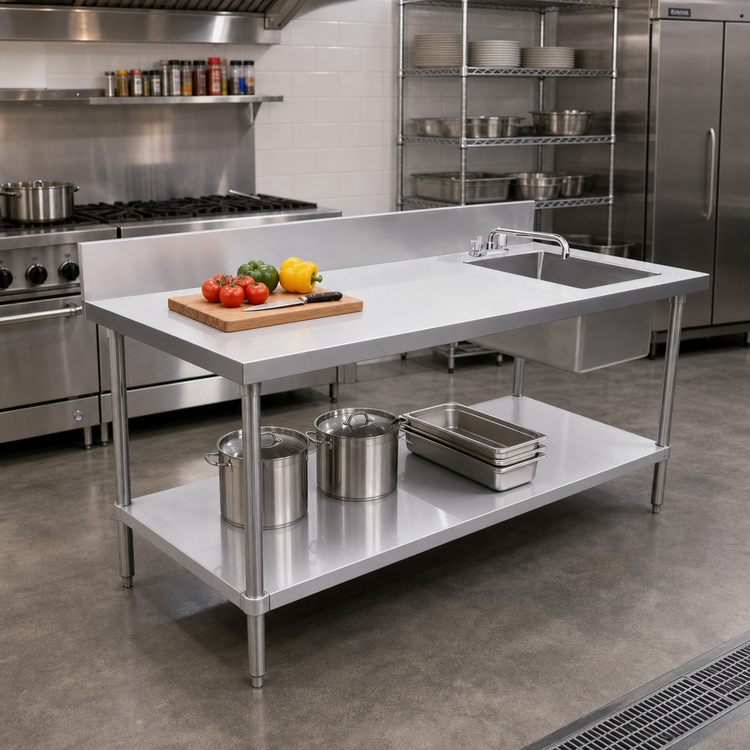 Product image #2 for 60-Inch x 30-Inch 18-Gauge Stainless Steel Work Table with Right-Side Prep Sink and Undershelf
