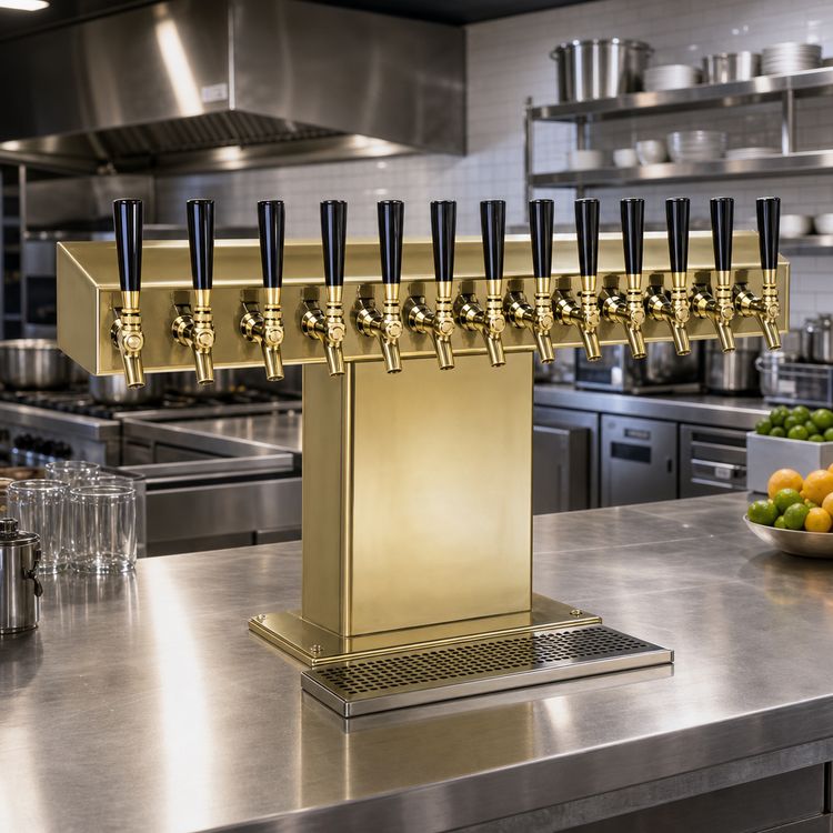 Product image #2 for Extra High Wide Base 12-Faucet Glycol-Cooled Tee Draft Beer Tower, Tarnish-Free Brass