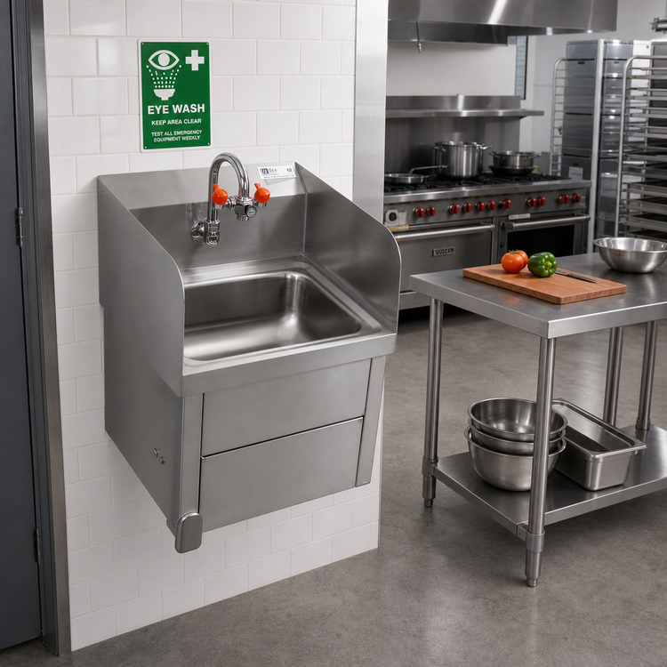 Product image #3 for John Boos Wall-Mounted Stainless Steel Hand Sink with Eye Wash and Knee-Activated Faucet, 14 x 10 x 5 Bowl