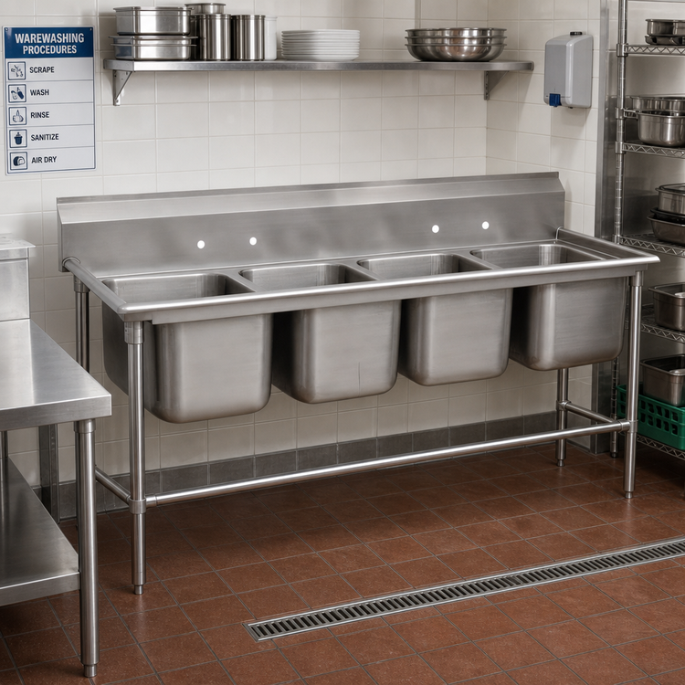 Product image #2 for Advance Tabco Regaline 4-Compartment Stainless Steel Commercial Sink, 114 1/4 Inches Long, with 24 x 24 x 14 Inch Compartments