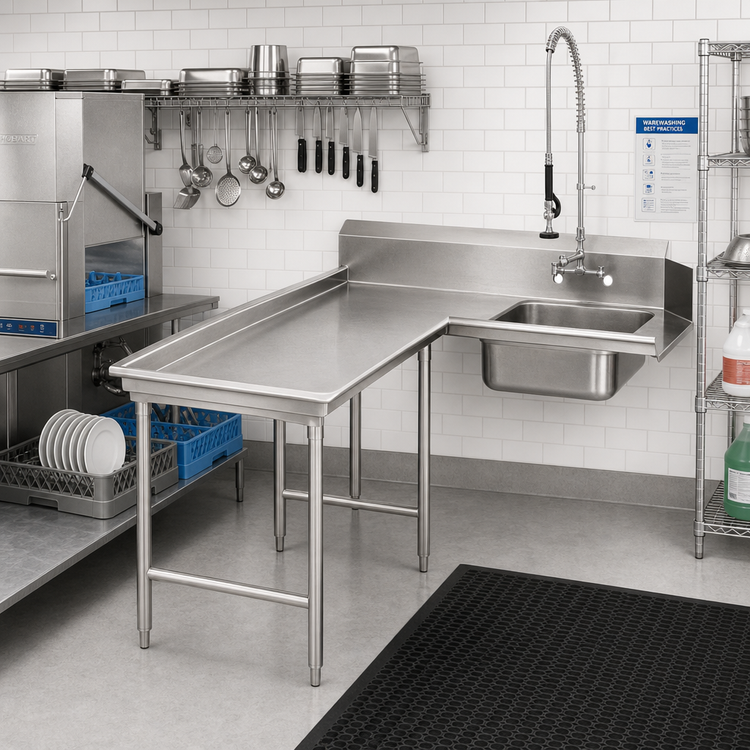 Product image #2 for Island Corner Soiled Dishtable with 20" x 20" x 5" Pre-Rinse Sink, 59" Machine-to-Corner, 64" Corner-to-End