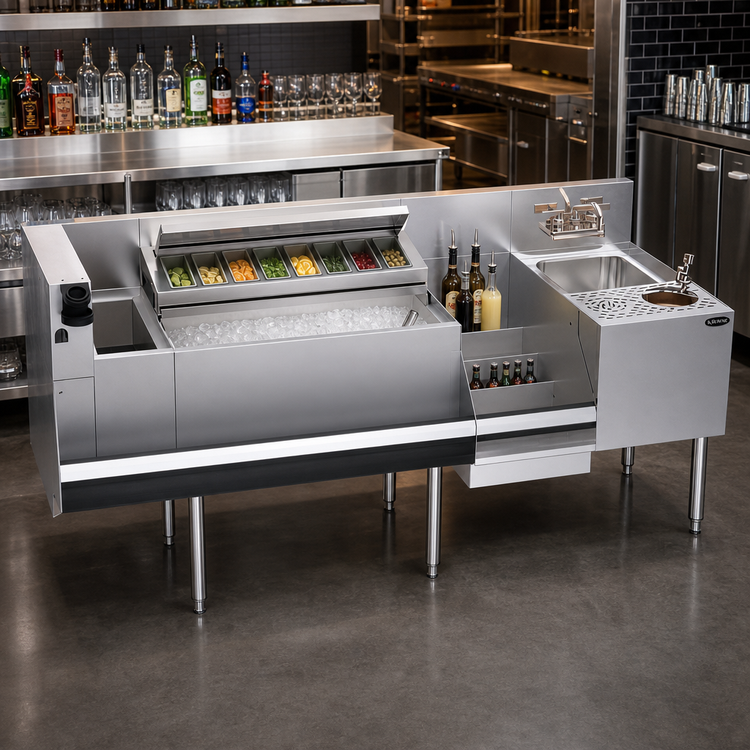 Product image #3 for Krowne Zero-Step Underbar Beverage Workstation with 10-Circuit Cold Plate, Center Ice Bin, Dump Sink and Speedrail, 68" W x 24" D
