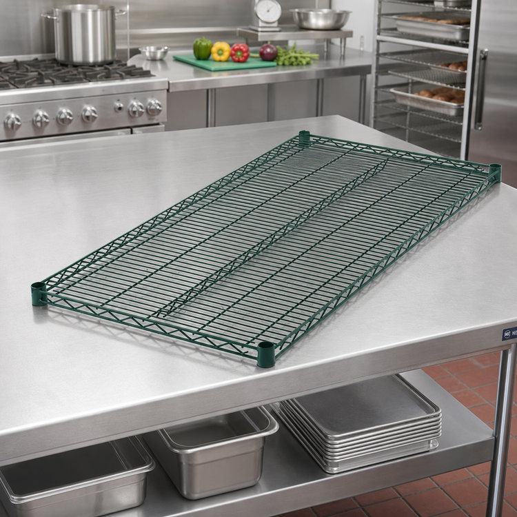 Product image #3 for Winco 60 Inch x 24 Inch Epoxy Coated Green Wire Shelf with 4 Sleeve Clips