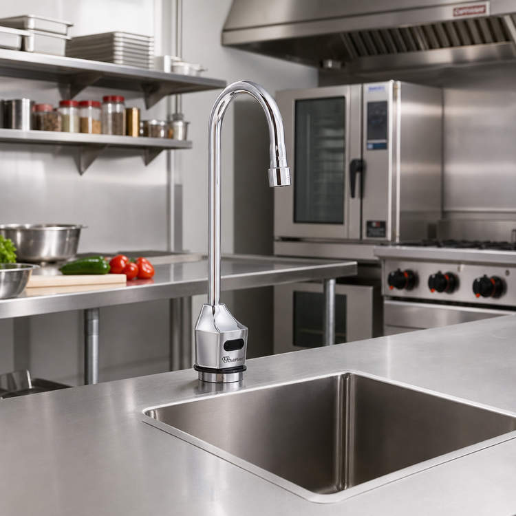 Product image #2 for ChekPoint Touchless Deck-Mount Single-Hole Rigid Gooseneck Electronic Faucet, Chrome-Plated Brass, Less Mixing Valve