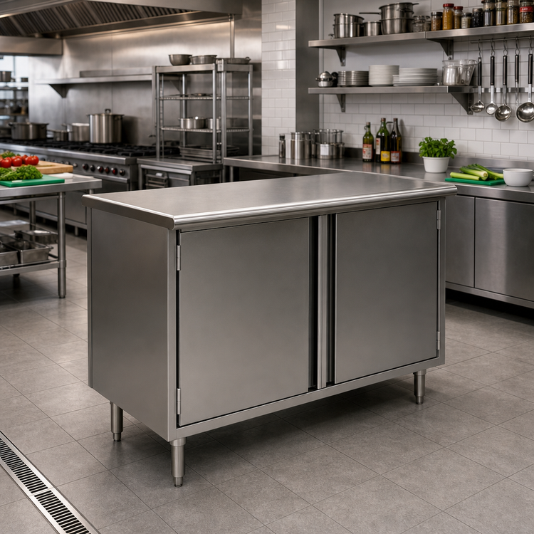Product image #2 for Eagle Spec-Master Enclosed Base Work Table with Hinged Doors, 120 x 30 Inch, 14 Gauge 304 Stainless Steel Top