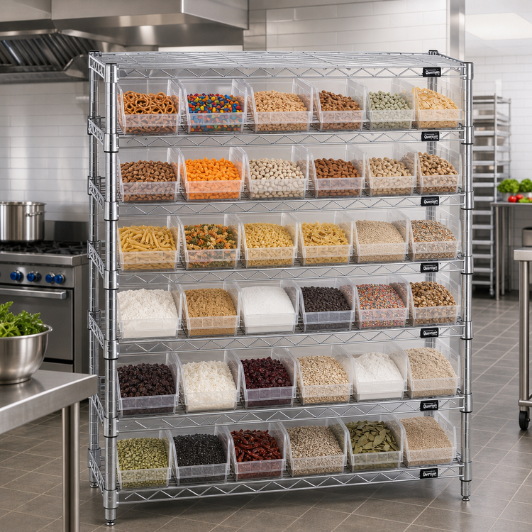 Product image #2 for Quantum Bin Wire Shelving System with 6 Shelves, 25 Clear Bins, and Chrome Plated Finish