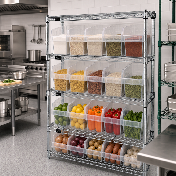 Product image #2 for Quantum Chrome Plated Wire Shelving Bin Center with 4 Shelves and 15 Clear Bins, 36W x 12D x 39H