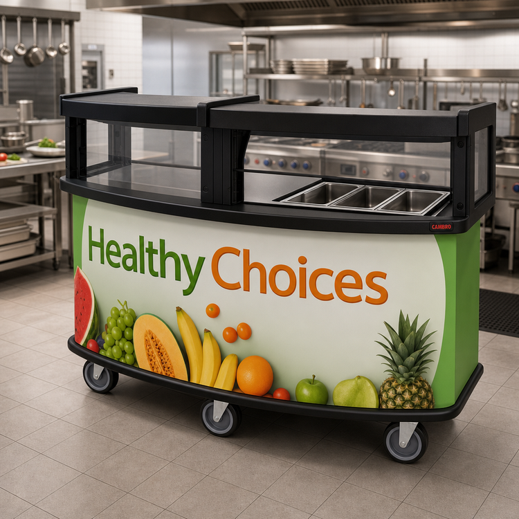 Product image #2 for Cambro 75-Inch Vending Cart with Safety Barrier, Open Well, Green Wrap, 5-Pan Capacity