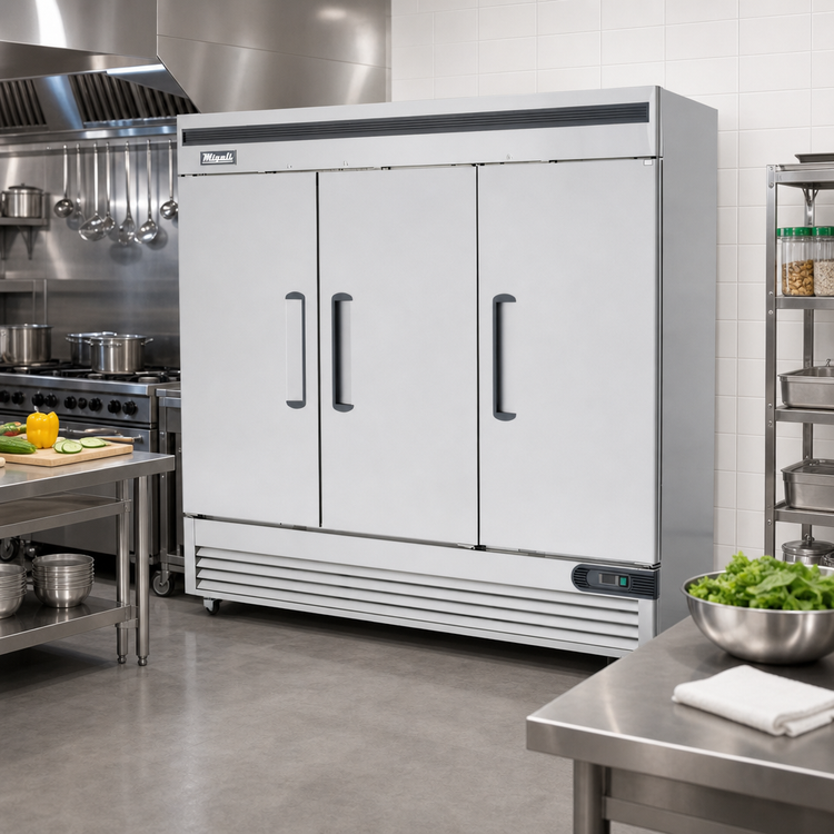 Product image #2 for Migali Competitor Series 3-Section Reach-In Freezer with Bottom-Mount Self-Contained Refrigeration and Solid Hinged Doors
