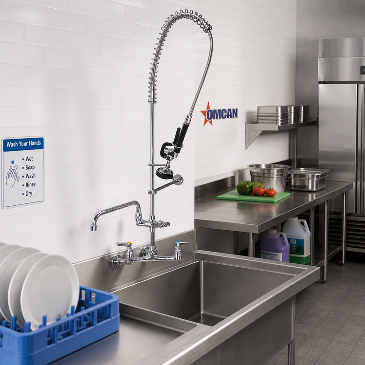 Product image #2 for Omcan USA Pre-Rinse Assembly with Add-On Faucet, Wall Mount, 8-Inch Centers, 20-Inch Riser, 44-Inch Flexible Hose, 12-1/2-Inch Swing Spout