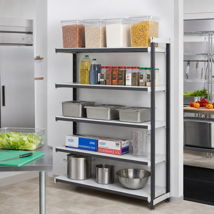 Product image #2 for Cambro Camshelving Elements XTRA 5-Tier Solid Stationary Add-On Polymer Shelving Unit, 18 x 48 x 84 Inches, Speckled Gray