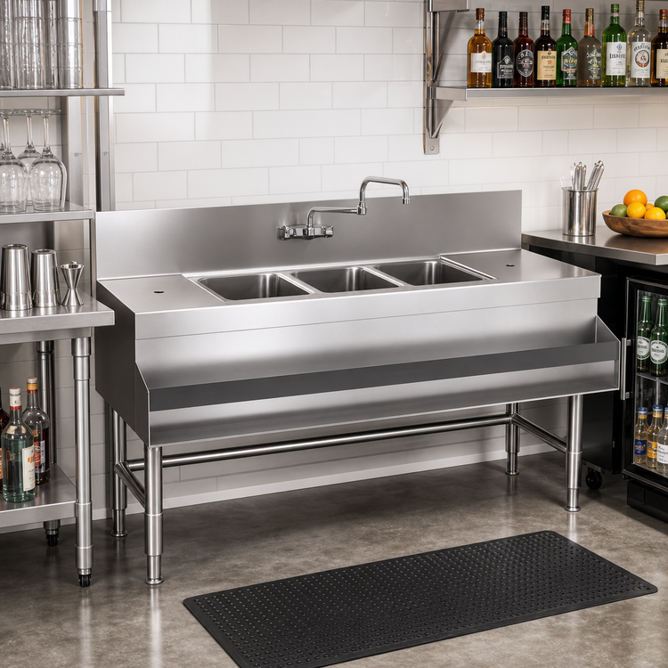 Product image #2 for Spec-Bar Three-Compartment Underbar Sink Unit with Double-Hinged Faucet, 36 x 24 Inches, 304 Stainless Steel