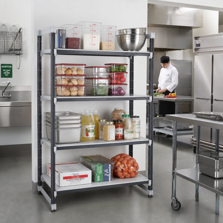 Product image #2 for Cambro Camshelving Elements XTRA 4-Tier Solid Stationary Starter Shelving Unit, 36W x 24D x 72H, Speckled Gray