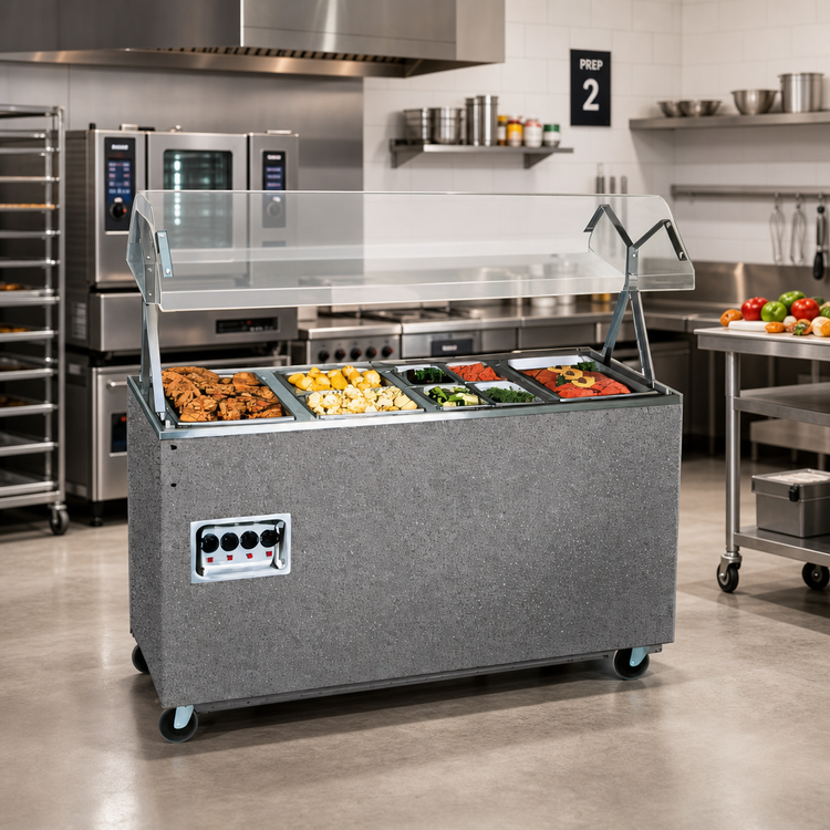 Product image #2 for Vollrath 2-Series Affordable Portable 4-Well Mobile Hot Food Station with Buffet Breath Guard and Lights, Open Storage Base
