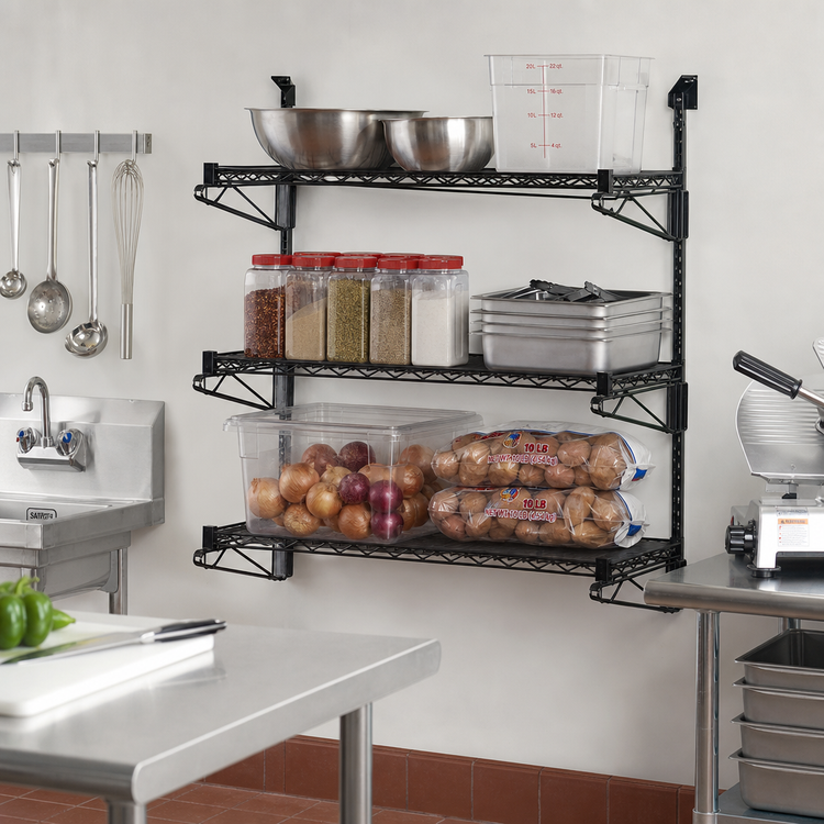 Product image #2 for Quantum Wall-Mounted Cantilever Wire Shelving Starter Unit with 54-Inch Posts, Black Epoxy Antimicrobial Finish