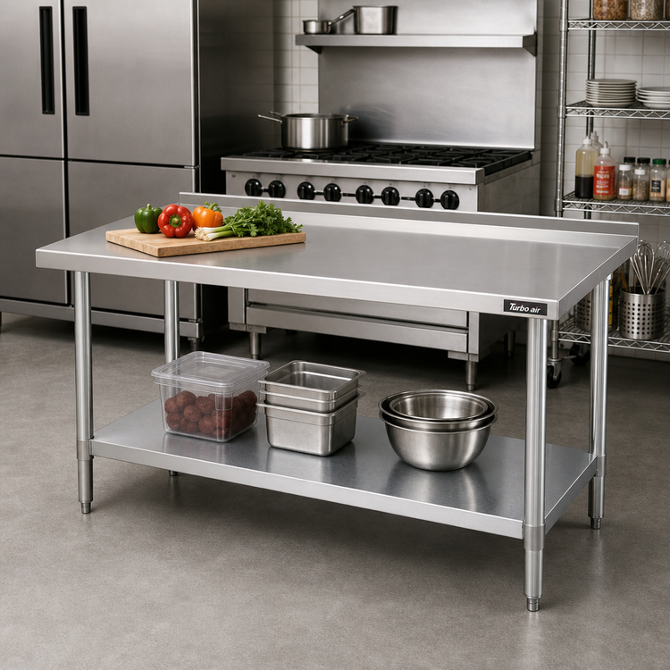 Product image #2 for Turbo Air 60-Inch x 24-Inch 304 Stainless Steel Work Table with 1-1/2-Inch Rear Up-Turn and Galvanized Undershelf