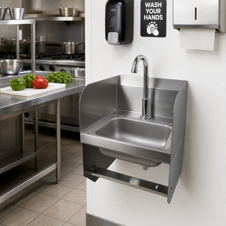 Product image #2 for Wall-Mount Stainless Steel Hand Sink with Dual Side Splashes, 14 x 10 x 5-Inch Bowl and 1-Hole Deck Faucet Mount