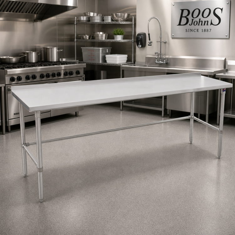 Product image #2 for John Boos Stallion 120" x 30" Stainless Steel Work Table with 16-Gauge 300 Series Top and 1-1/2" Rear Backsplash